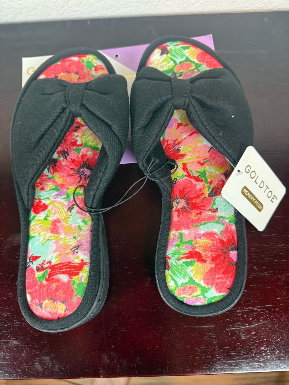 Gold Toe Black Bow Slide Mules with Floral Insole